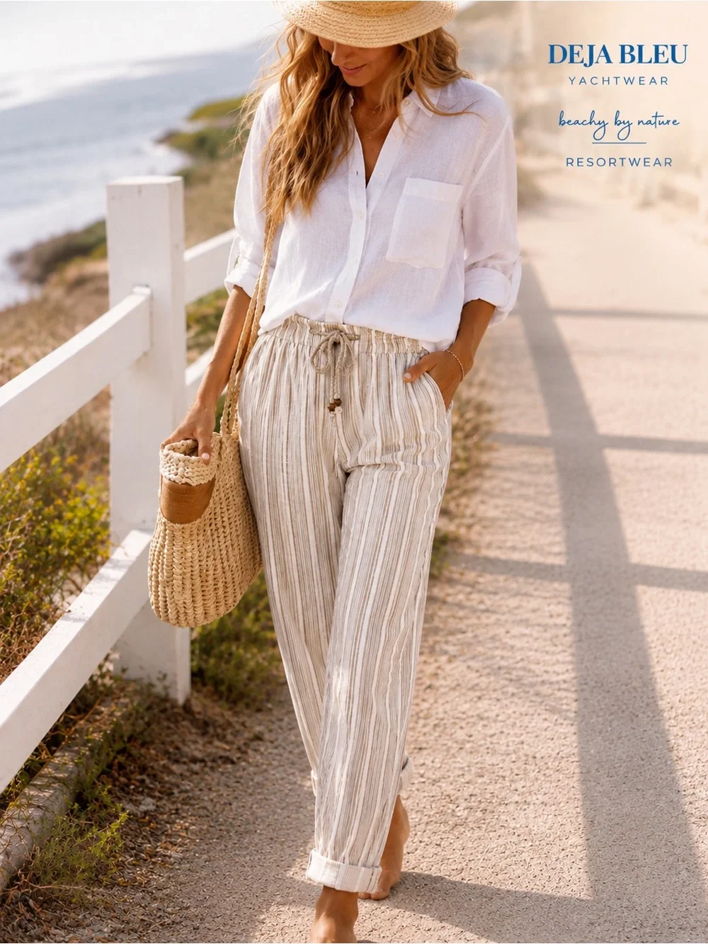 Deja Bleu,Linen Blend Striped Drawstring Pants Coastal Resort Beach Chic Size M - Picture 2 of 8